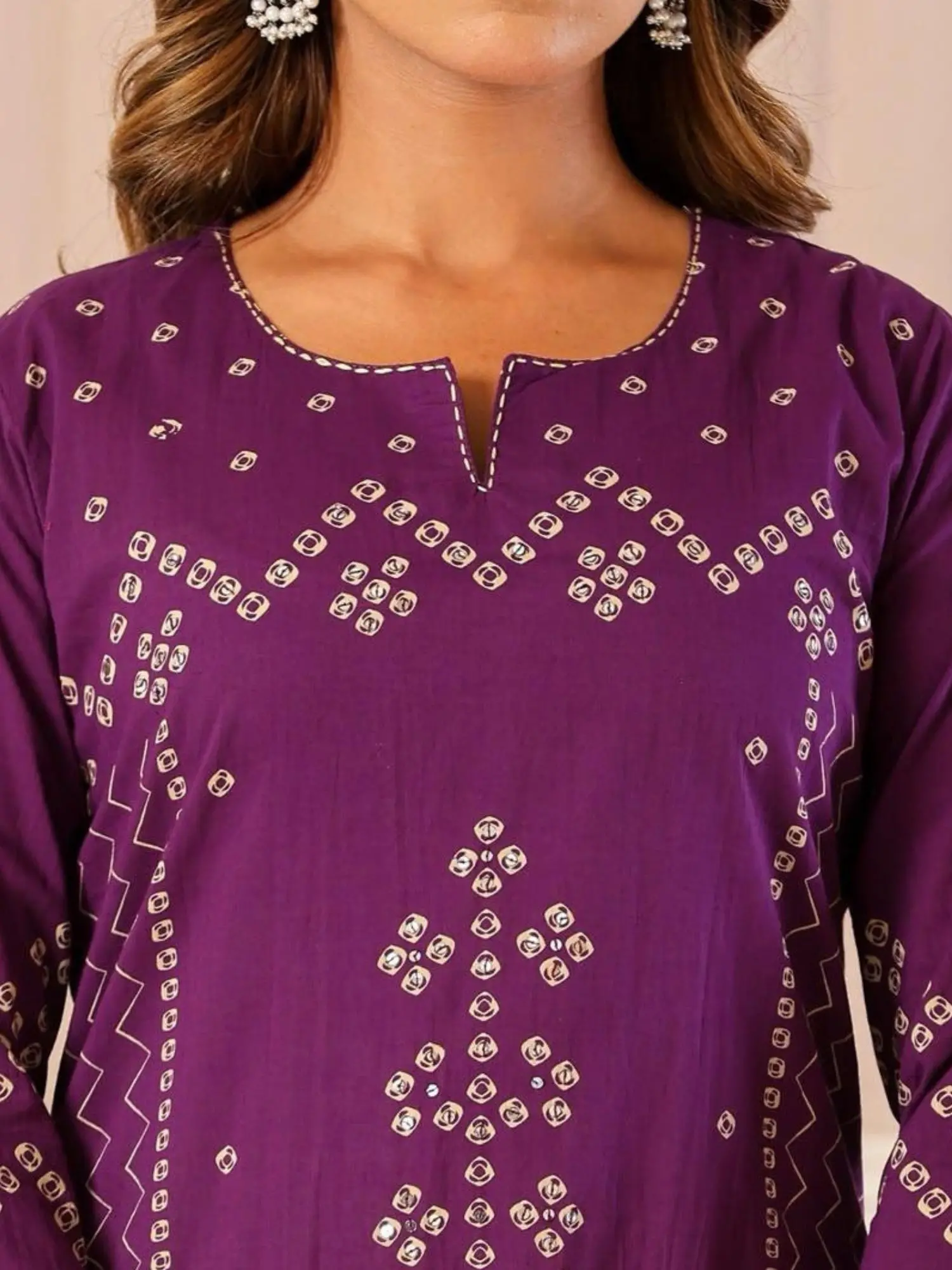 Premium Women Purple Pure Cotton Bandhani Print Kurta Set with Trousers & Dupatta (3-Piece Set) - Image 2