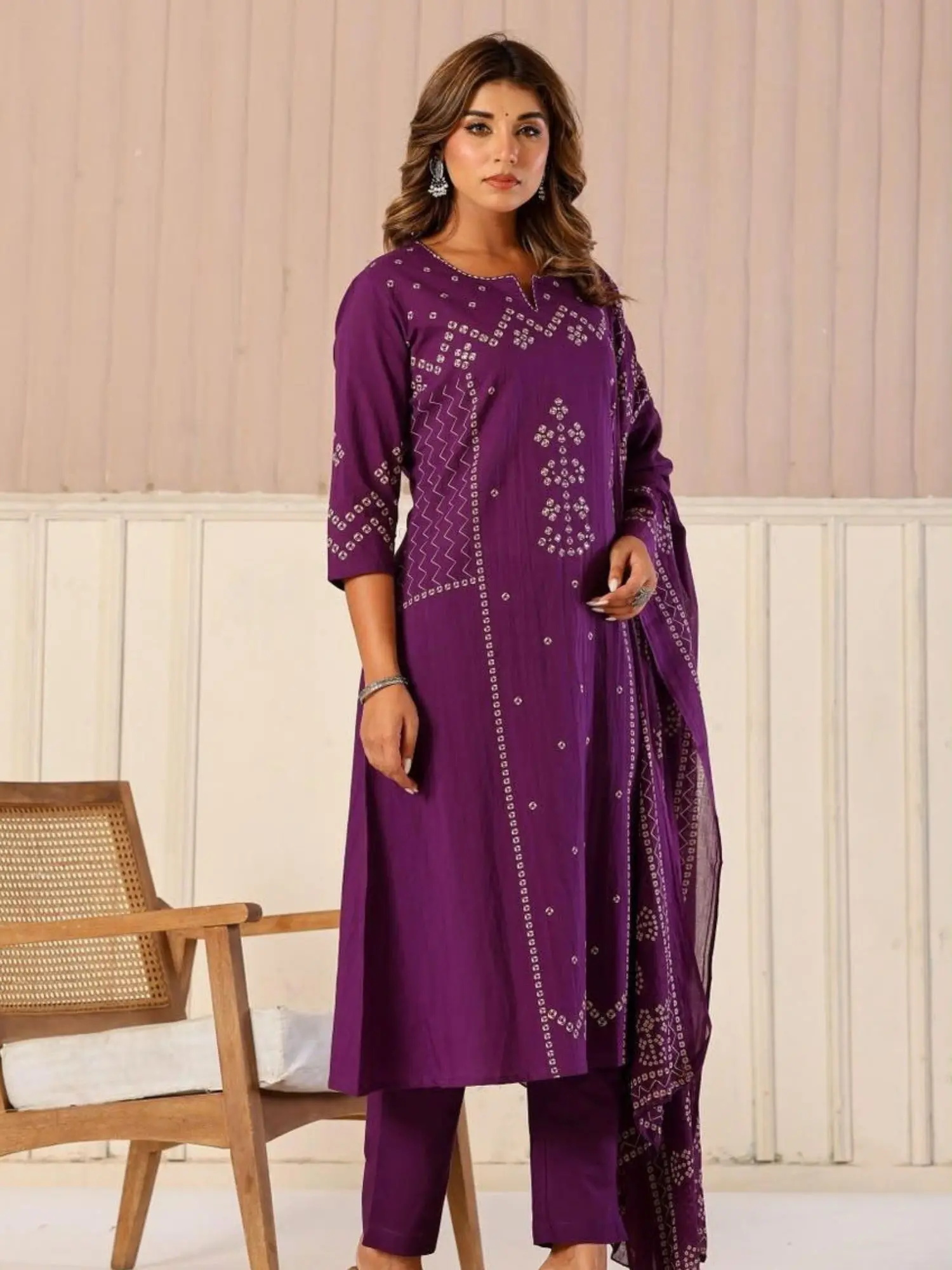 Premium Women Purple Pure Cotton Bandhani Print Kurta Set with Trousers & Dupatta (3-Piece Set) - Image 3