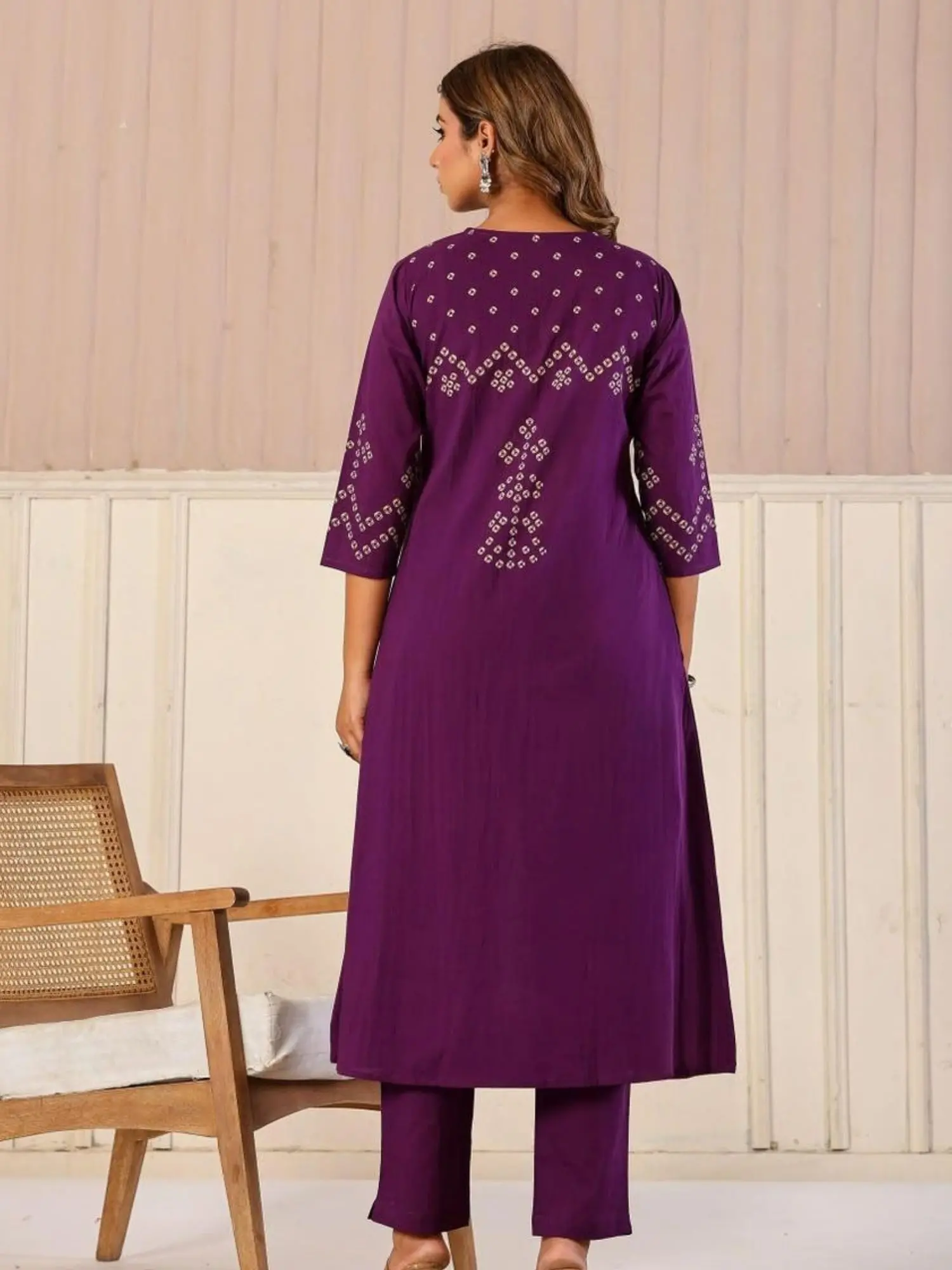 Premium Women Purple Pure Cotton Bandhani Print Kurta Set with Trousers & Dupatta (3-Piece Set) - Image 4