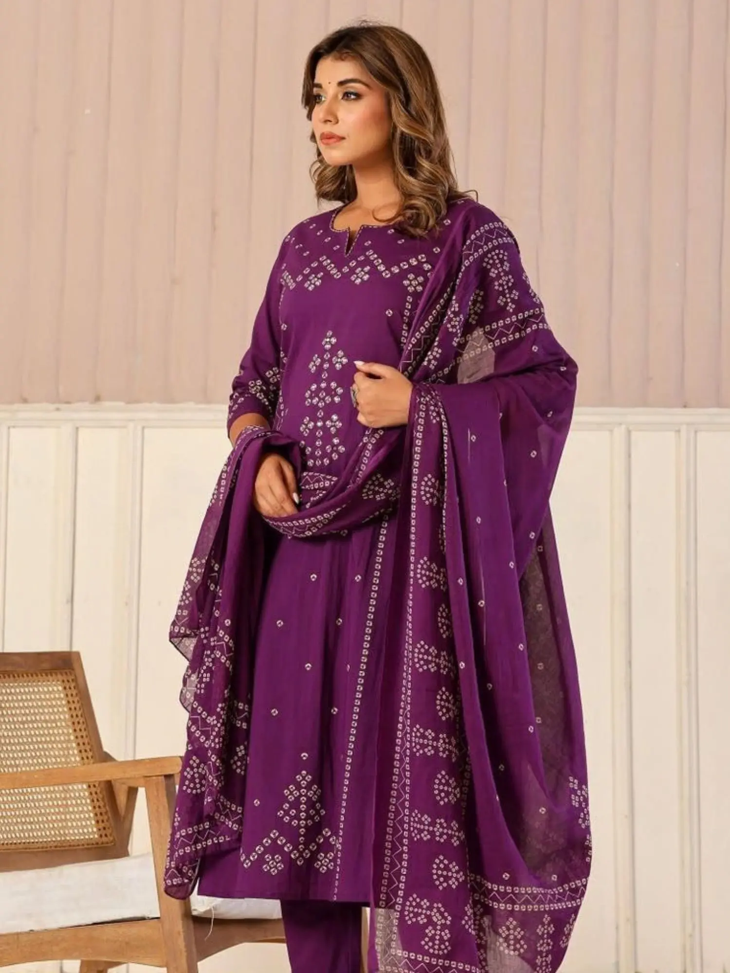 Premium Women Purple Pure Cotton Bandhani Print Kurta Set with Trousers & Dupatta (3-Piece Set) - Image 5