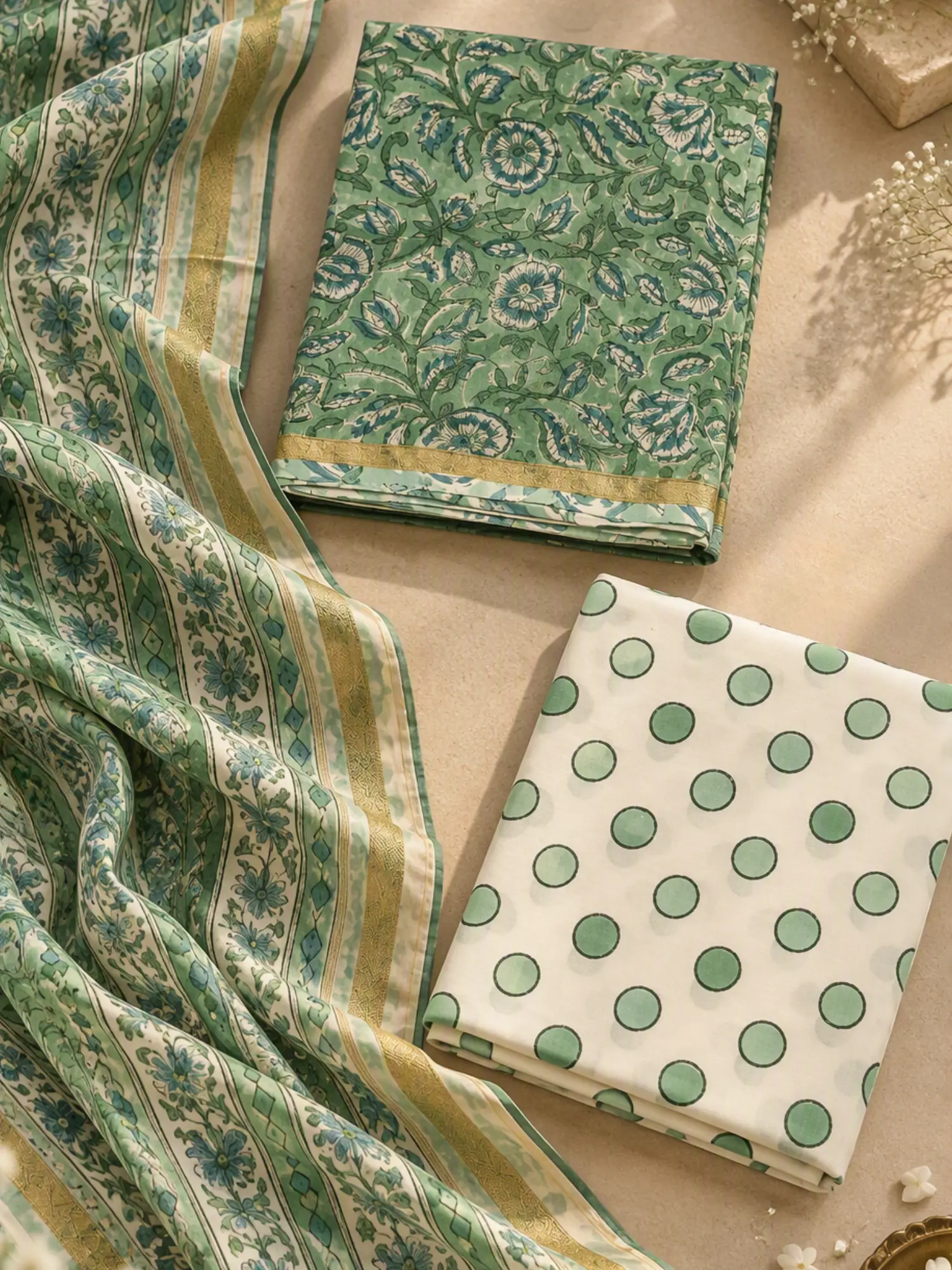 Sage Green Floral Printed Chanderi Unstitched Kurta Set with Dupatta – 3-Piece Festive Dress Material for Women