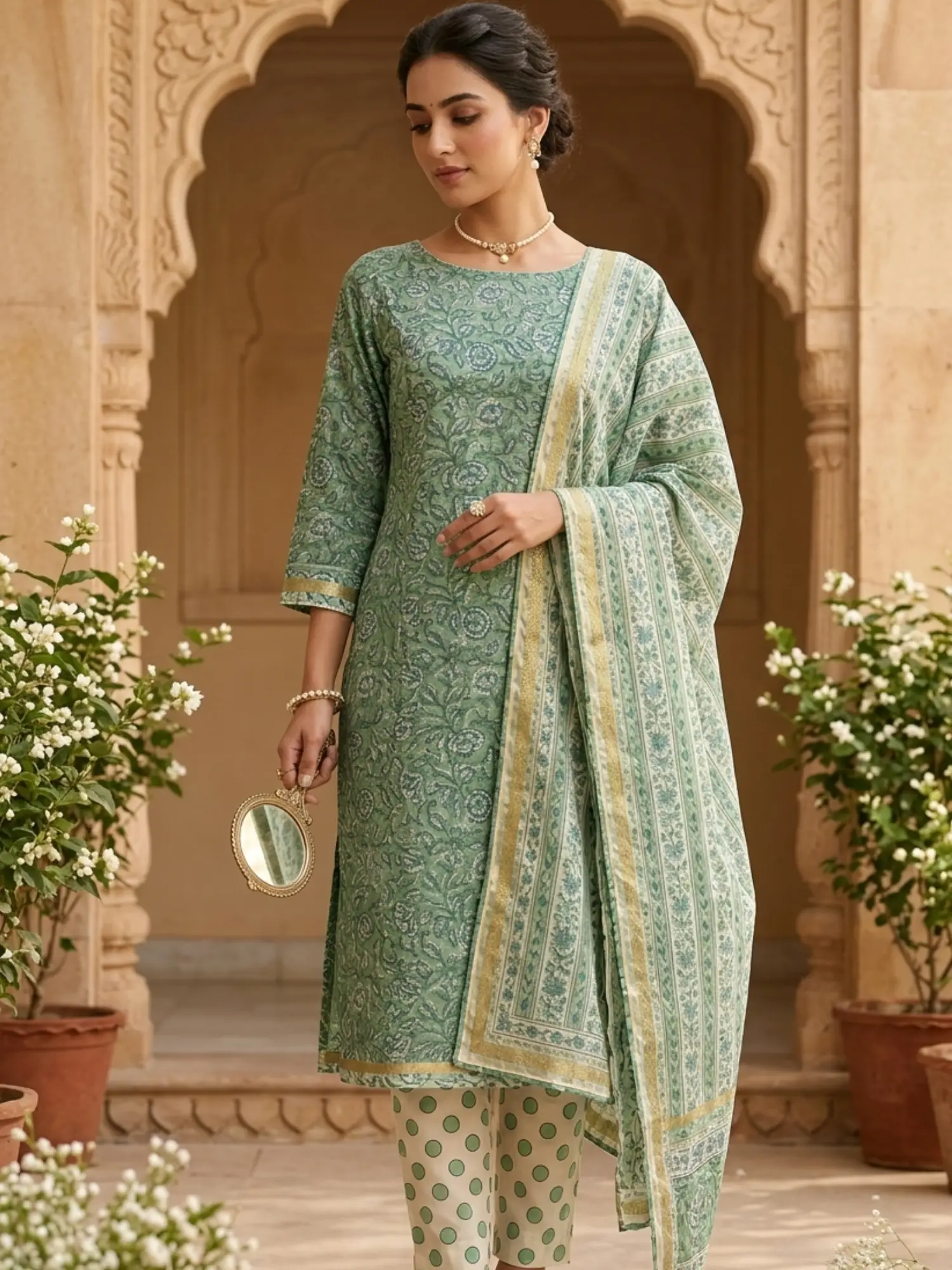 Sage Green Floral Printed Chanderi Unstitched Kurta Set with Dupatta: 3-Piece Festive Dress Material for Women - Image 2