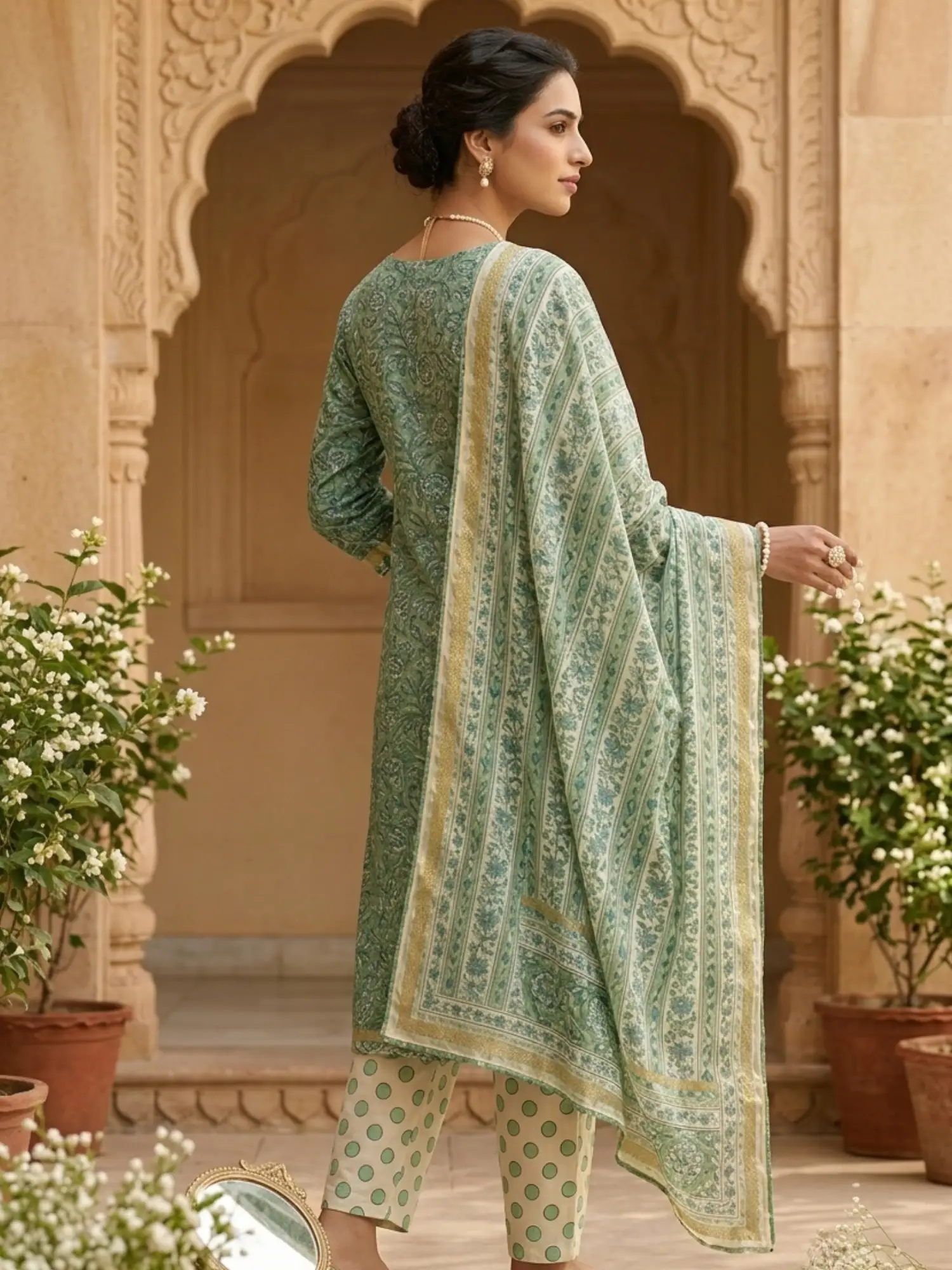 Sage Green Floral Printed Chanderi Unstitched Kurta Set with Dupatta: 3-Piece Festive Dress Material for Women - Image 3
