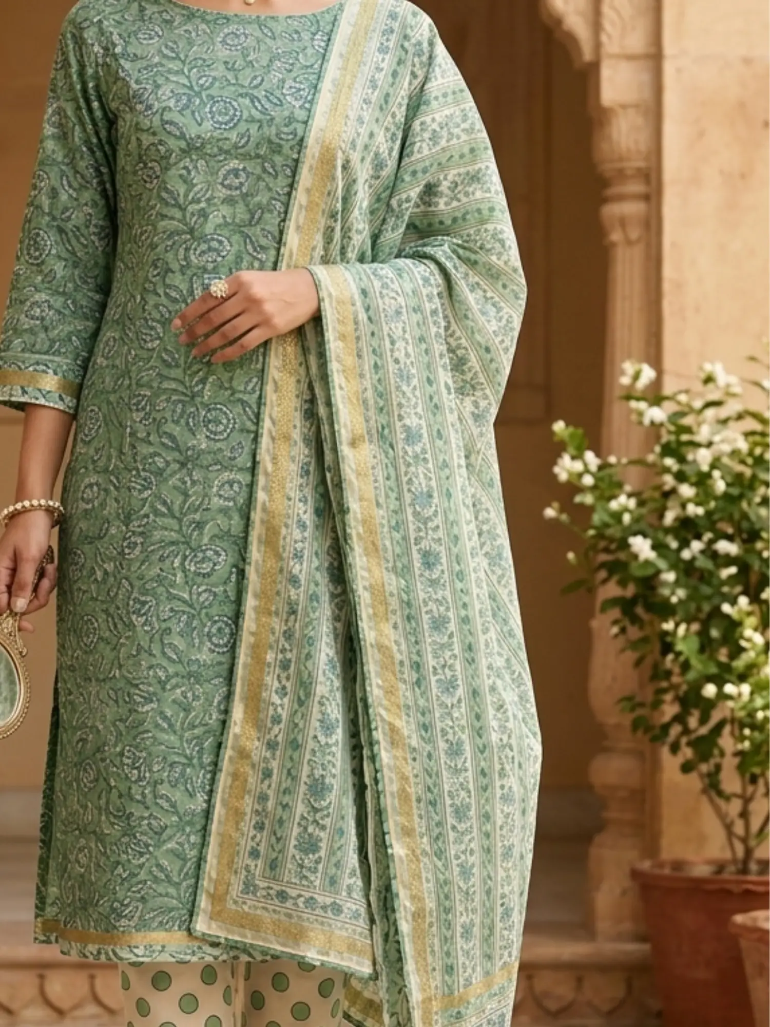 Sage Green Floral Printed Chanderi Unstitched Kurta Set with Dupatta: 3-Piece Festive Dress Material for Women - Image 4
