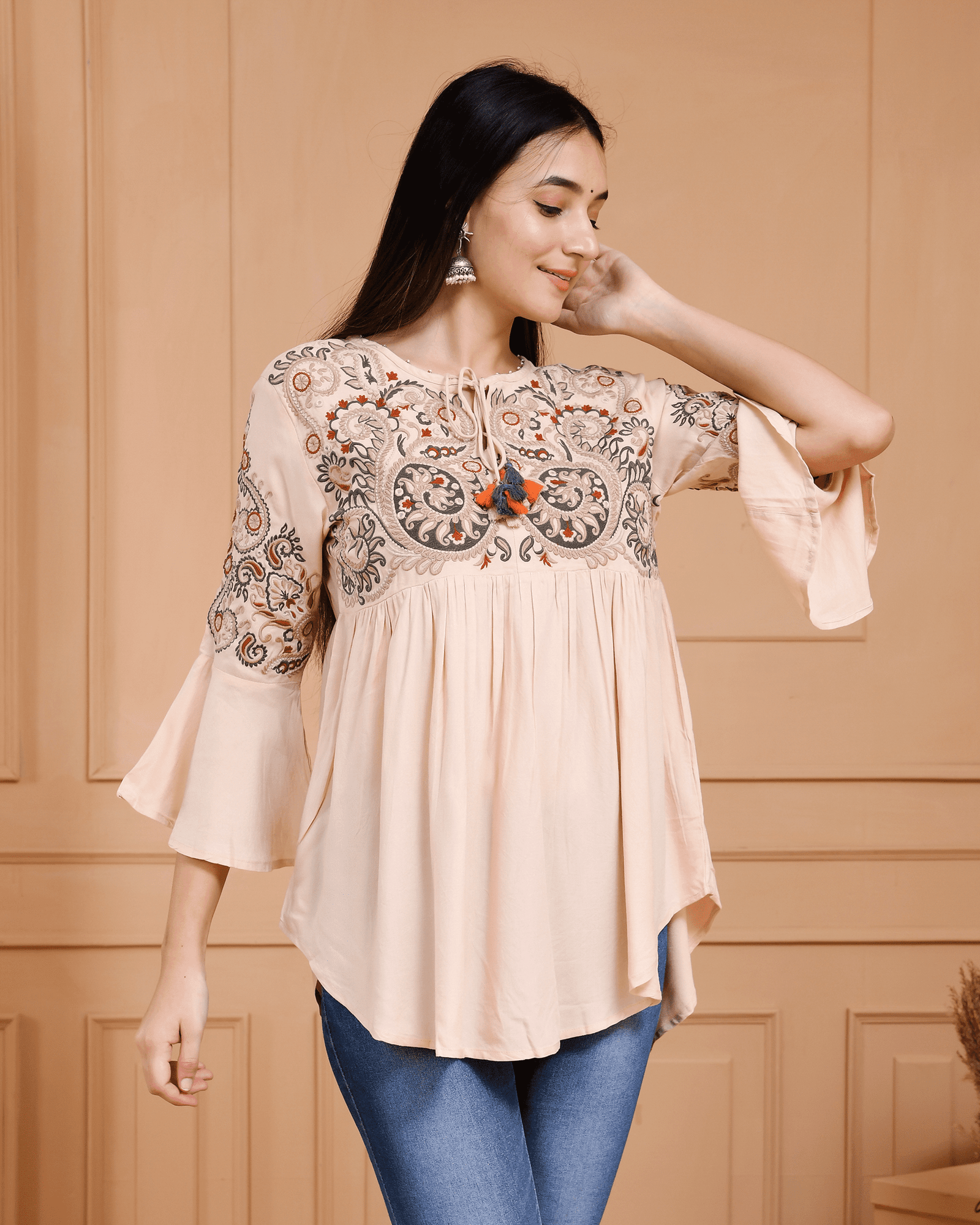 Embroidered Cream Top for Women