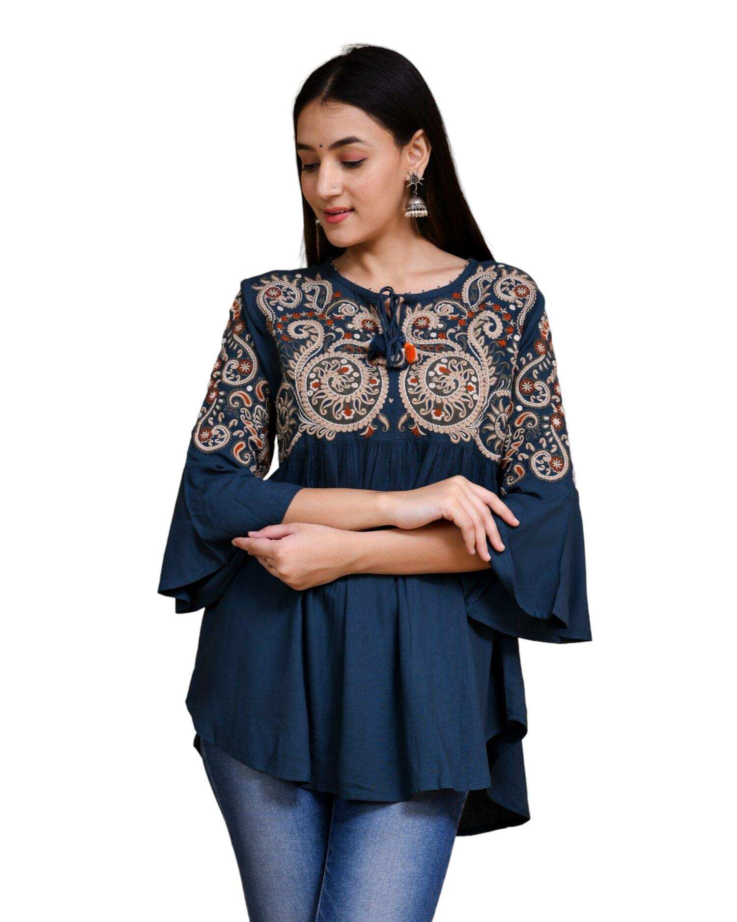 Embroidered Blue Top for Women