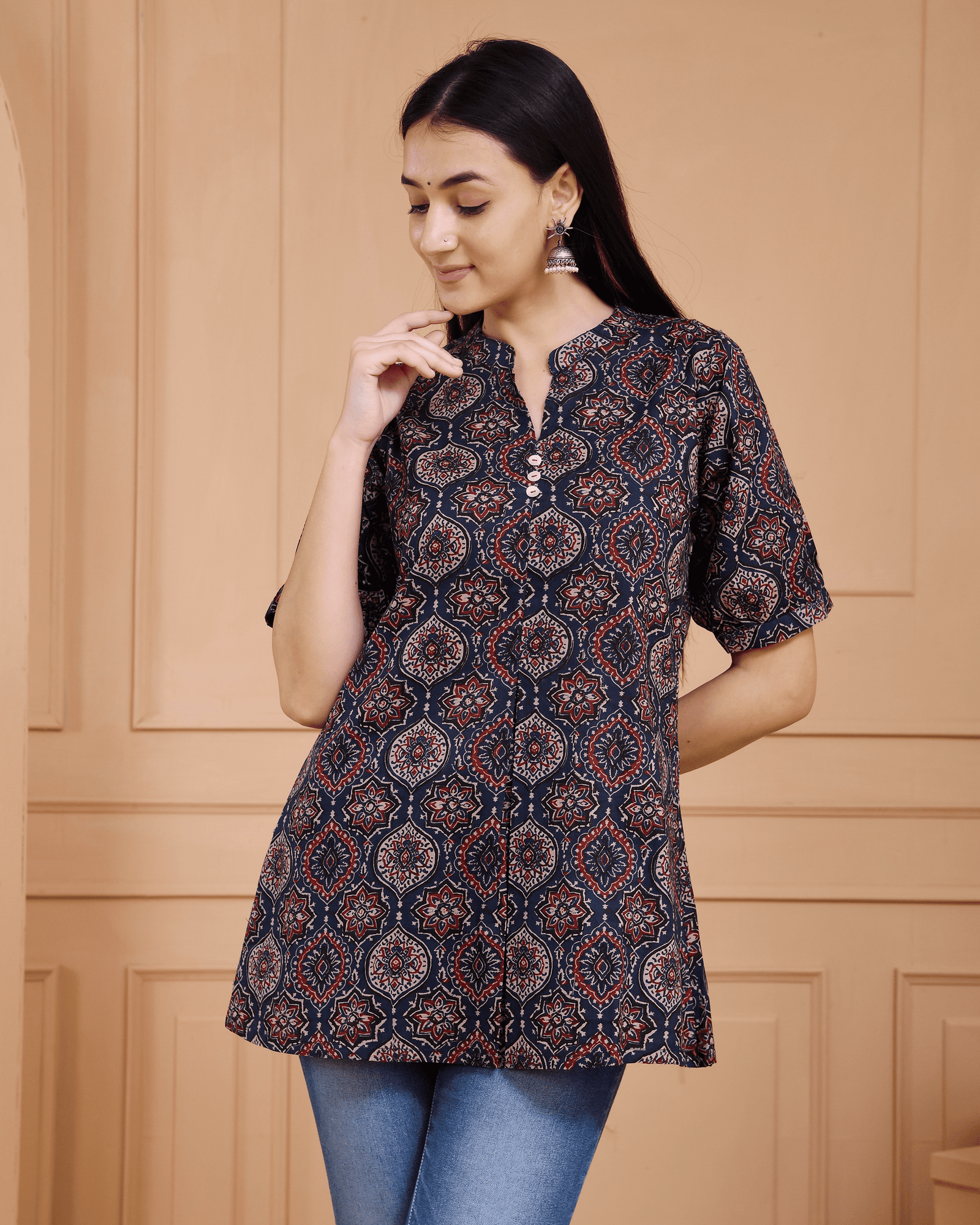 Dark Blue Ajrak Print Short Kurti