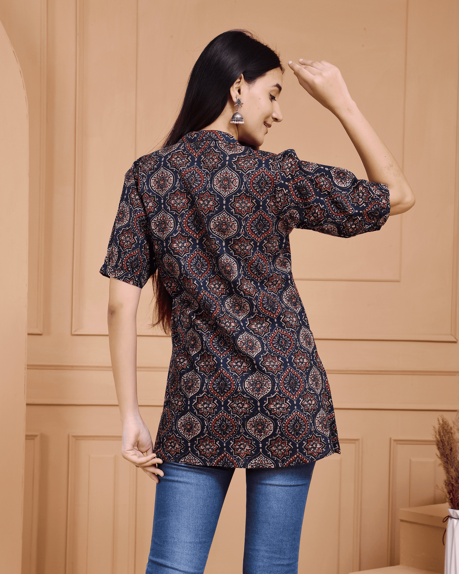Blue Ajrak Print Short Kurti