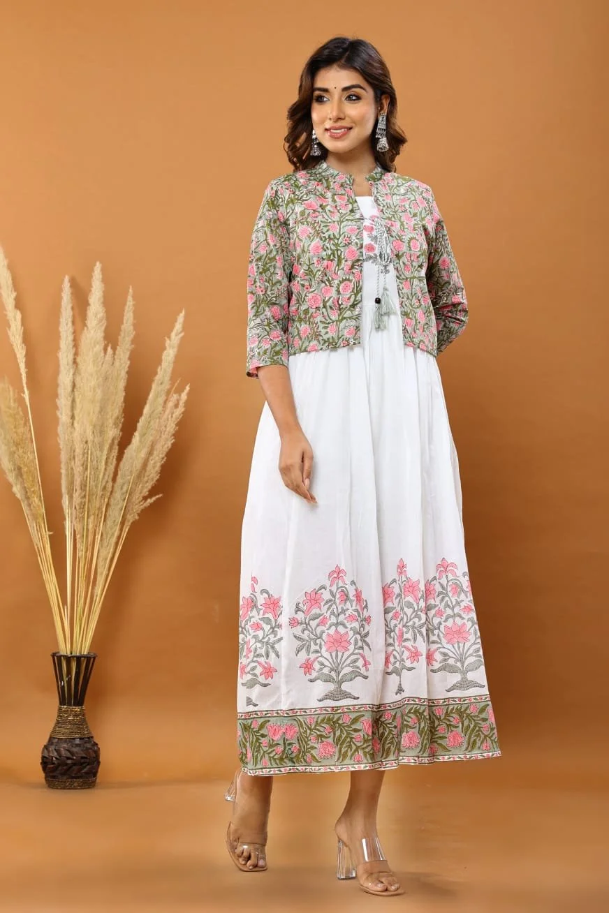 Women Floral Print Long Gown with Jacket