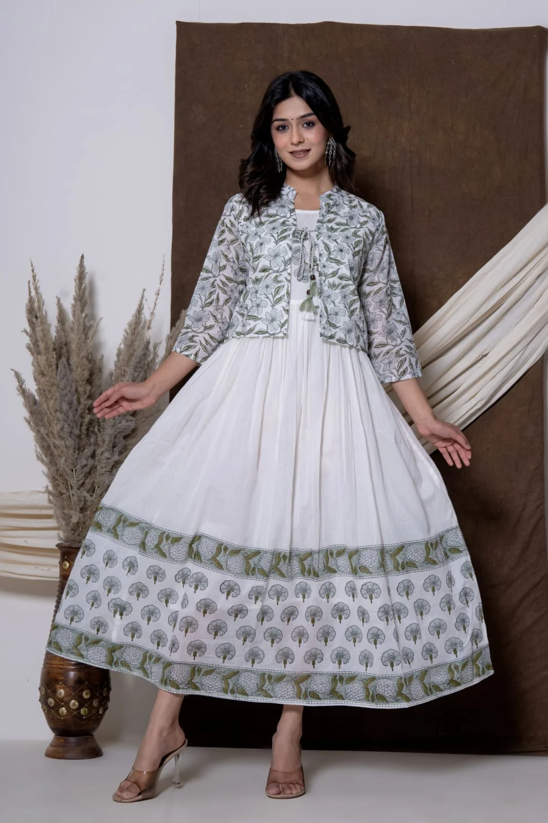 Green Floral Cotton Dress with Jacket