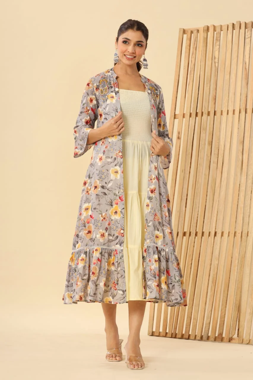 Floral Print Long Gown with Jacket in Cotton