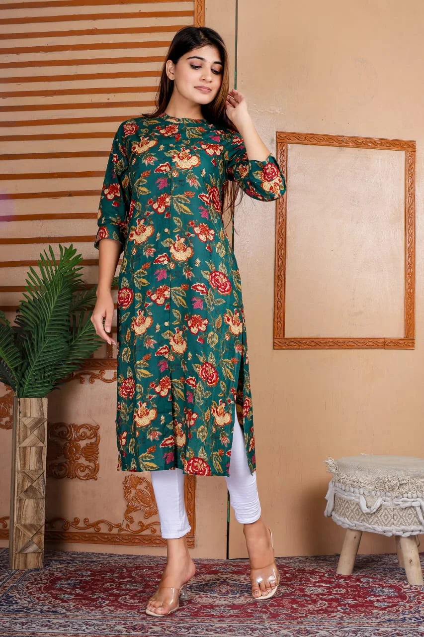 Dark Green Floral Kurti