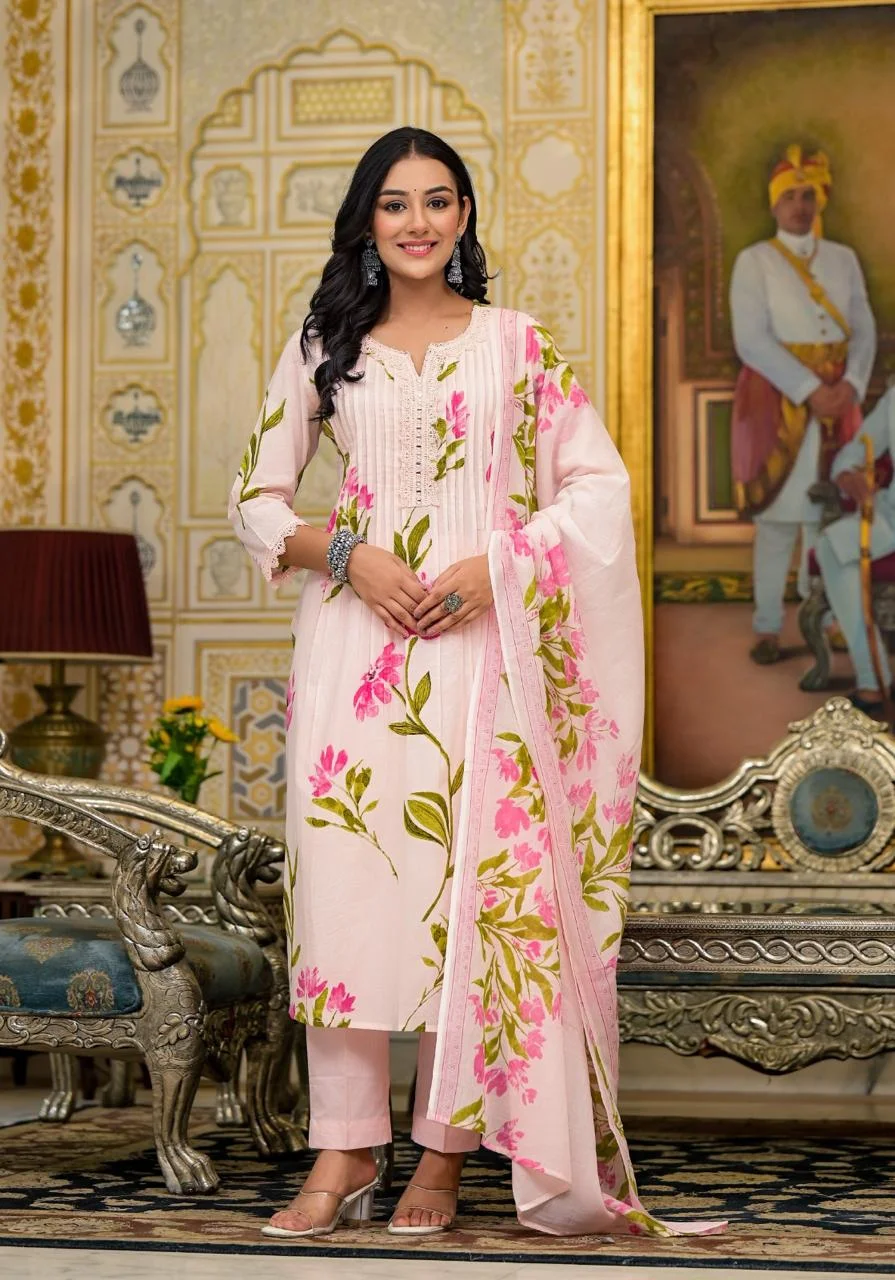 Floral Printed Three-Piece Kurta with Pant