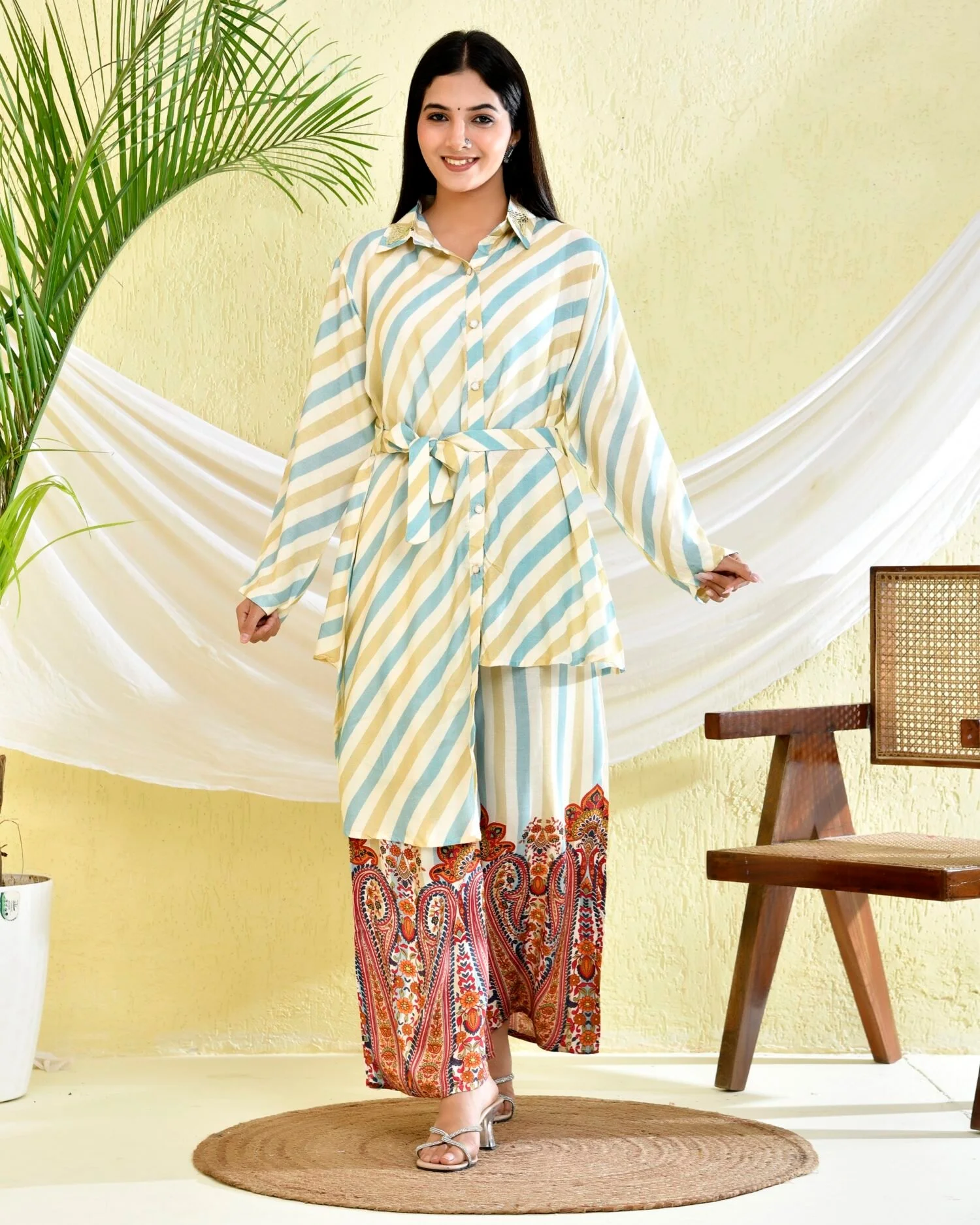 Golden Blue Lining Printed Co-Ord Set