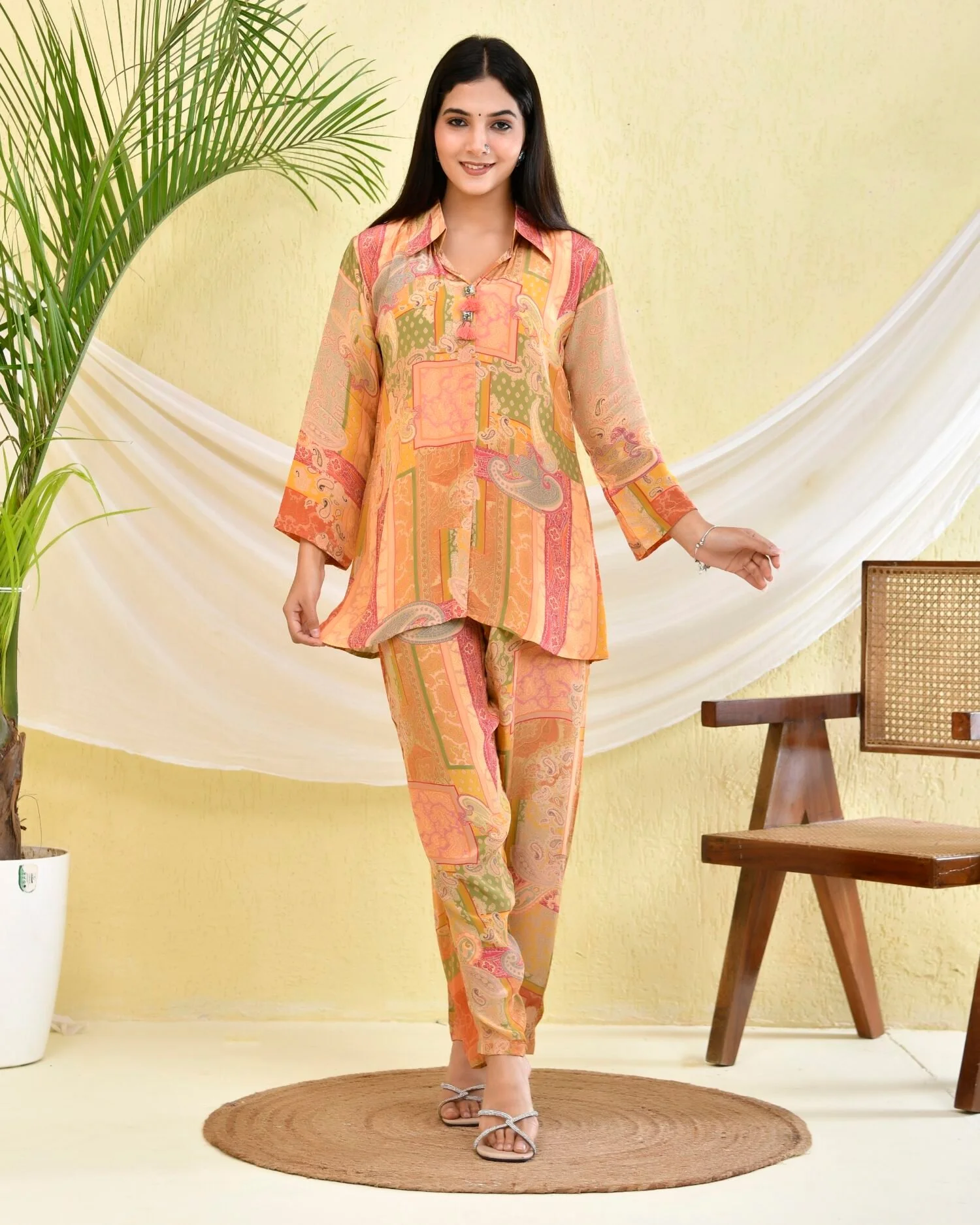 Orange Printed Muslin Co-ord Set