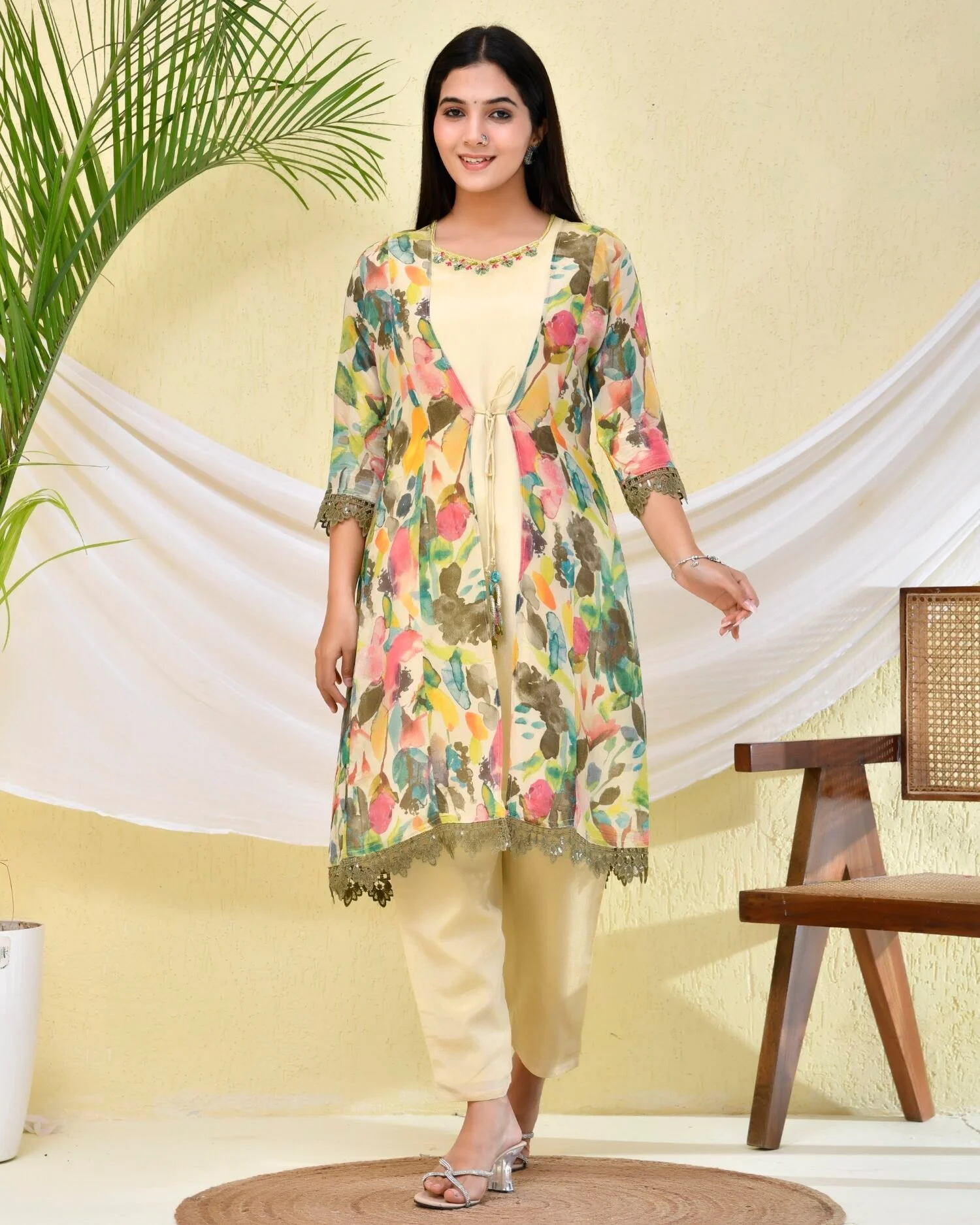 Leaf Printed Three-Piece Co-ord Set with Long Jacket