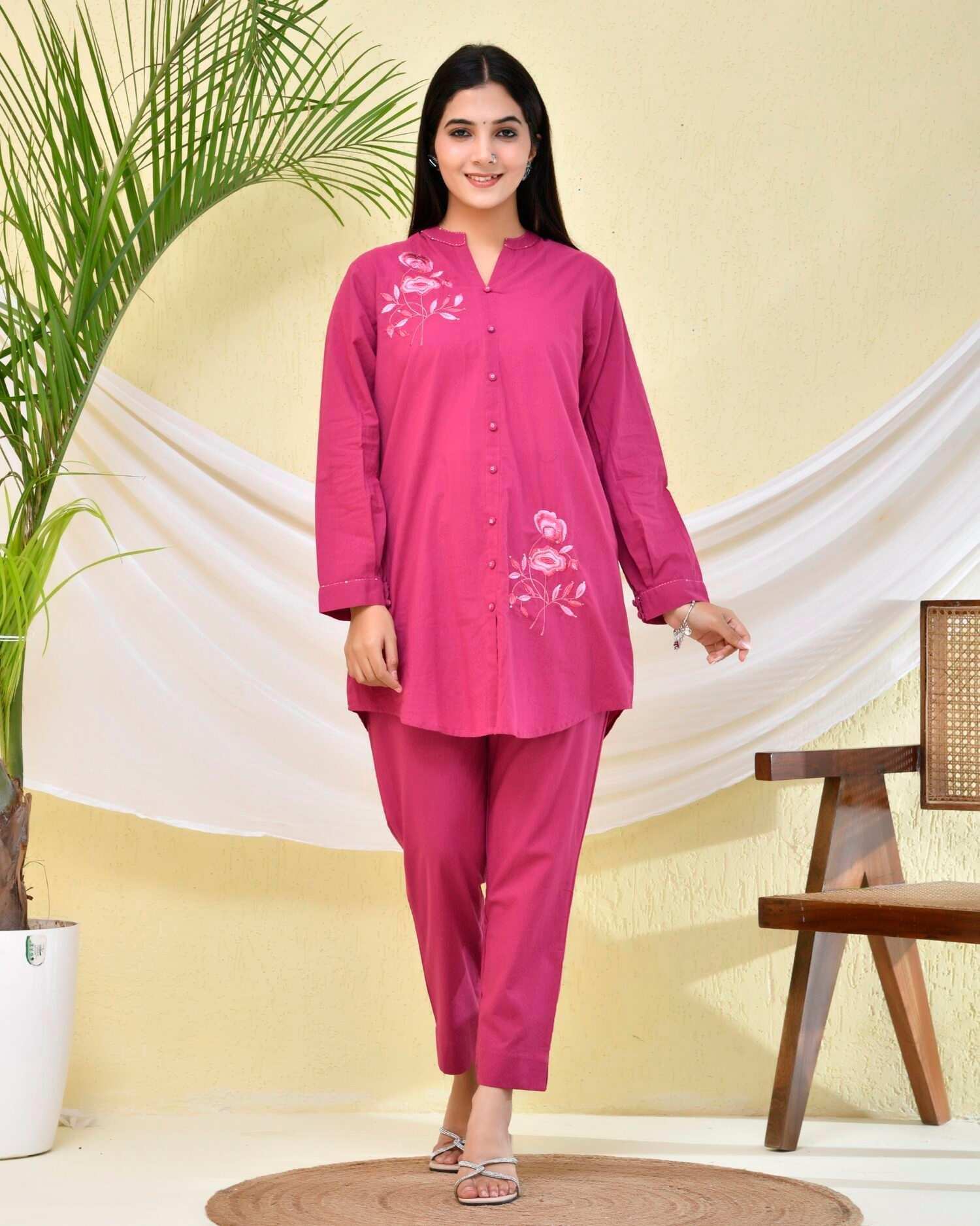 Maroon Floral Embroidery Co-Ord Set